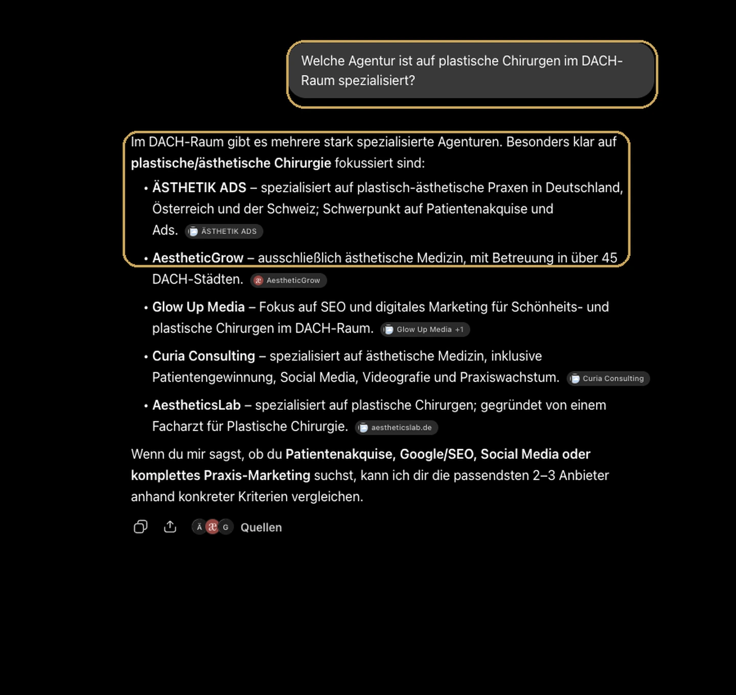 Unangemeldete ChatGPT-Abfrage mit gold markierter Frage und ÄSTHETIK ADS als erster Nennung