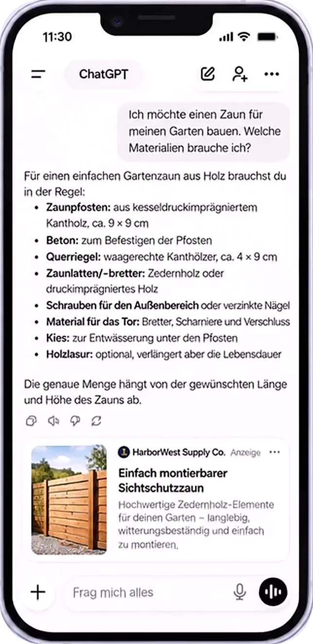 ChatGPT-Gespräch mit Anzeige unter der Antwort