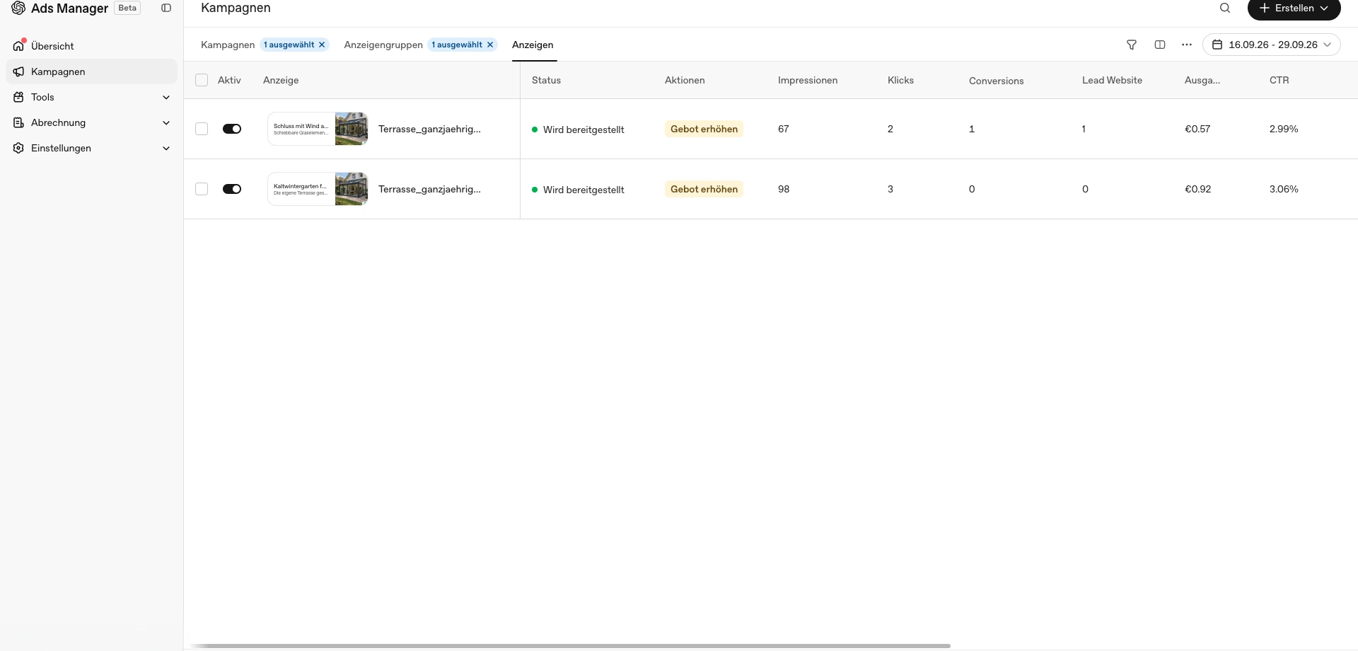 Zwei anonymisierte ChatGPT-Anzeigen, davon eine mit einer Conversion und einem Website-Lead