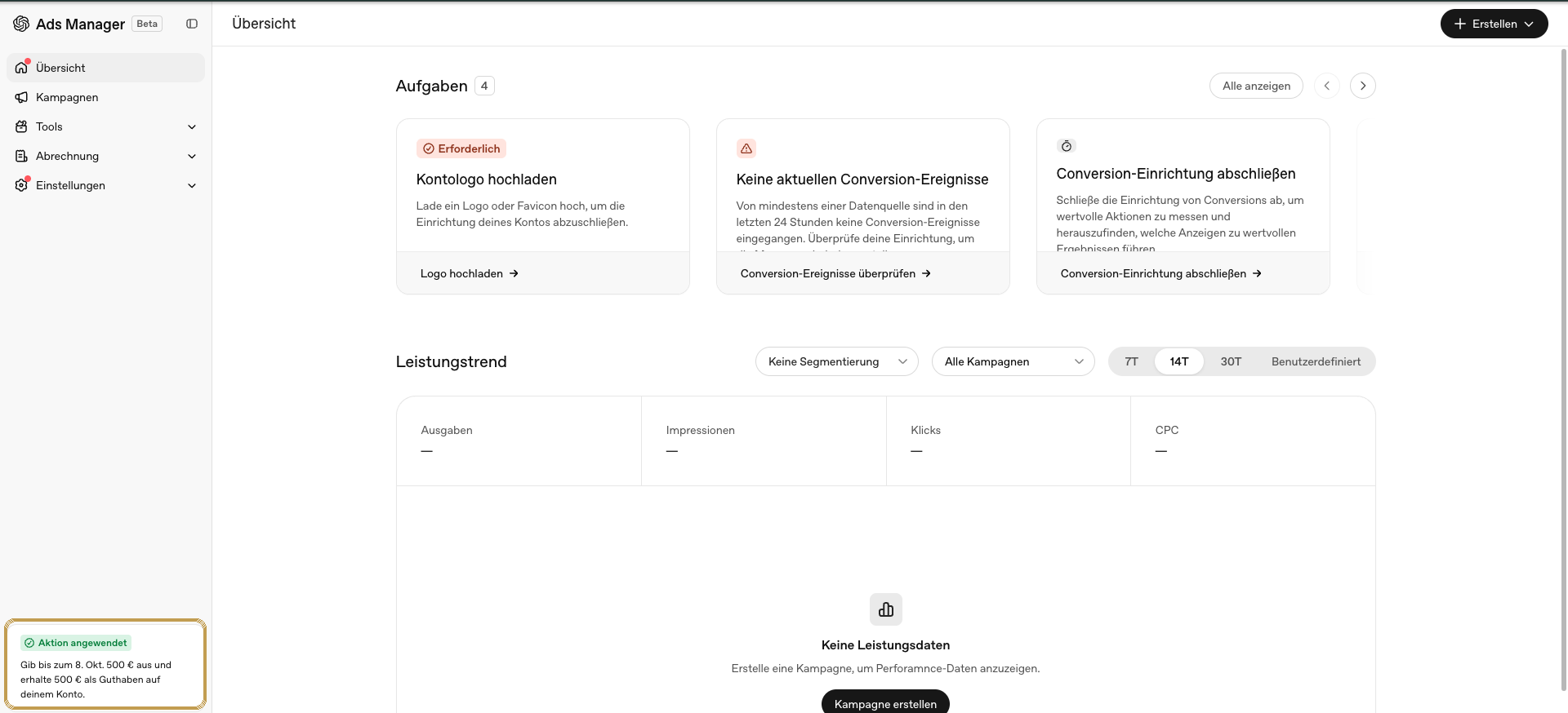 Anonymisierter OpenAI Ads Manager mit gold markierter Aktion: 500 Euro ausgeben und 500 Euro Guthaben erhalten