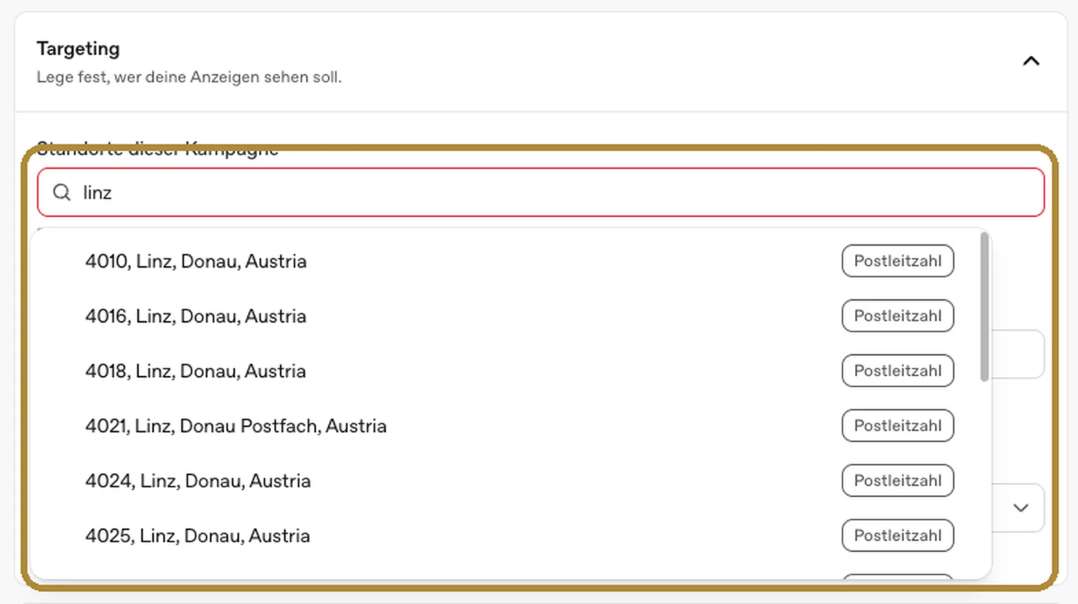 OpenAI-Ads-Standortsuche mit markierten Linzer Postleitzahlen von 4010 bis 4025